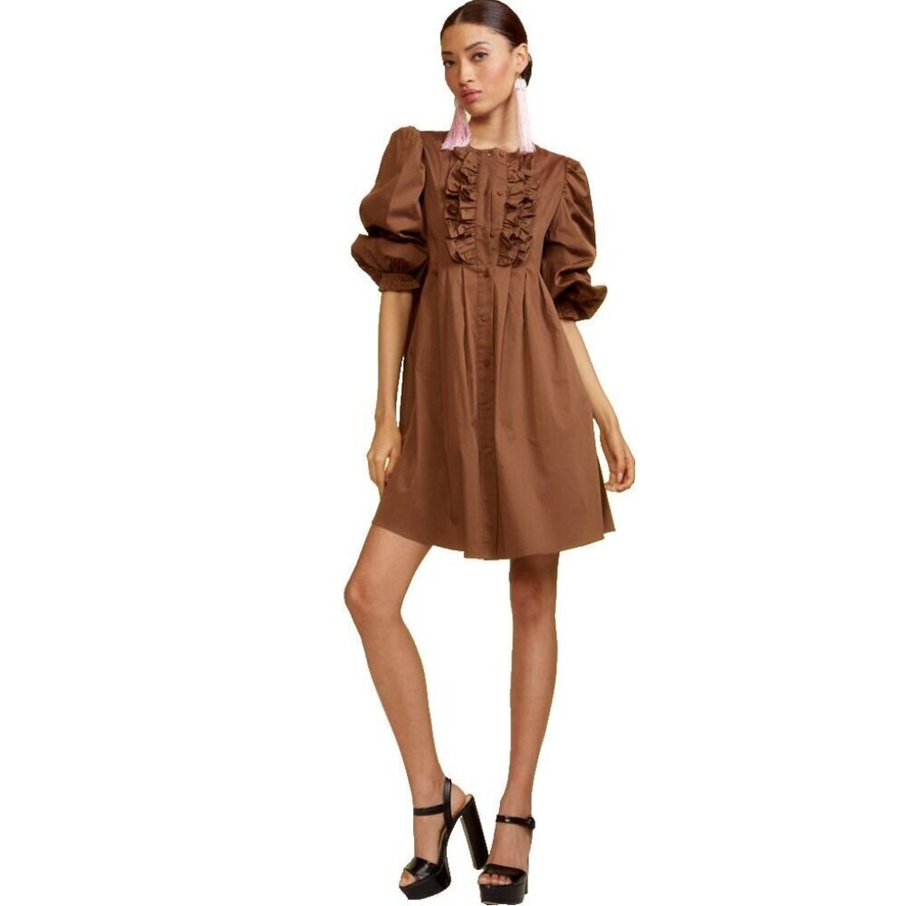 Cynthia Rowley Kira Cotton Pintuck Ruffle XS Chocolate Brown Retail $425